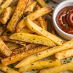 Low FODMAP Oven-Baked Fries 7 Golden crispy Low FODMAP Oven-Baked Fries with fresh herbs and dipping sauces on parchment paper