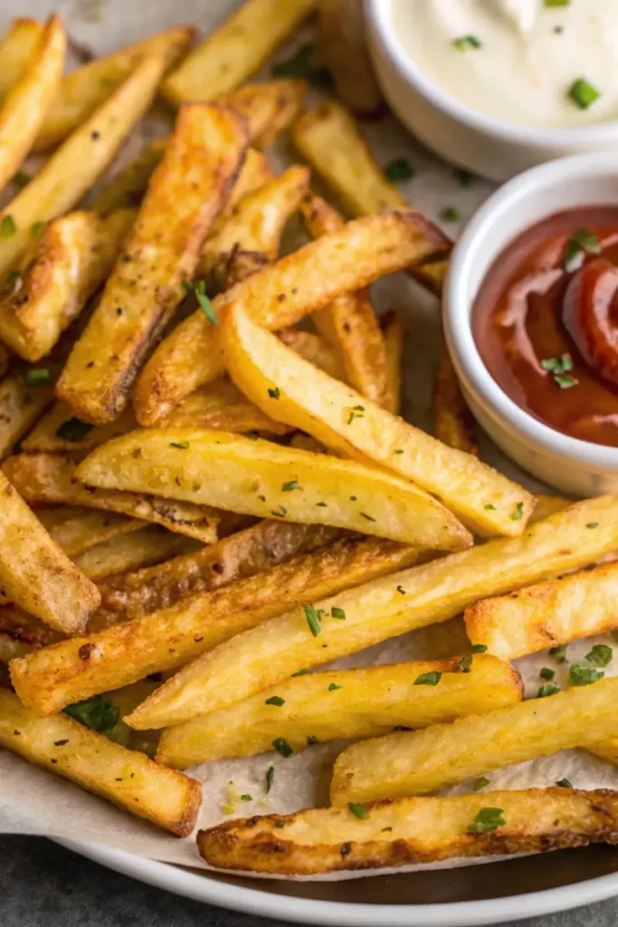 Golden crispy Low FODMAP Oven-Baked Fries with fresh herbs and dipping sauces on parchment paper