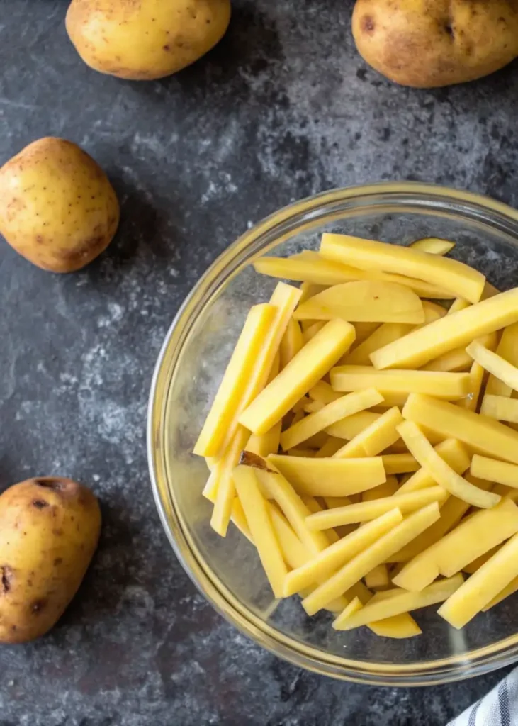 Low FODMAP Oven-Baked Fries 6 Raw russet potatoes cut into fries in glass bowl, whole potatoes on dark granite counter for Low FODMAP recipe