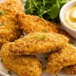 Low FODMAP Chicken Tenders 6 Golden crispy Low FODMAP chicken tenders on white plate with dipping sauce bowl