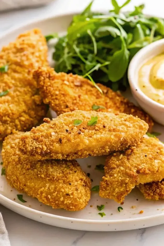 Golden crispy Low FODMAP chicken tenders on white plate with dipping sauce bowl