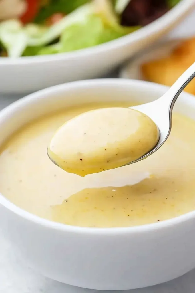 Spoonful of Low FODMAP Maple Mustard sauce showing creamy texture, golden color dripping from spoon