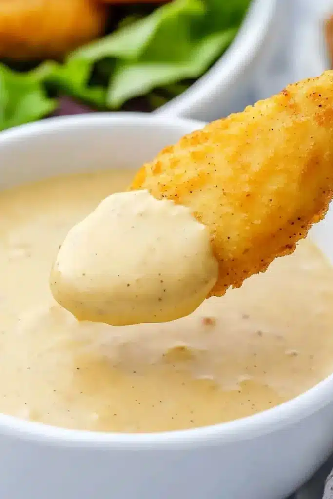 Low FODMAP Maple Mustard 8 Crispy chicken tender dipped in Low FODMAP Maple Mustard sauce, showing perfect coating and golden color