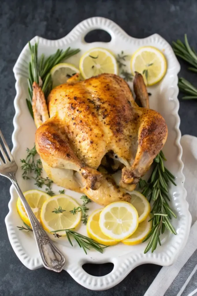 Low FODMAP Roasted Lemon Chicken on elegant white platter with lemon slices, rosemary, and serving fork
