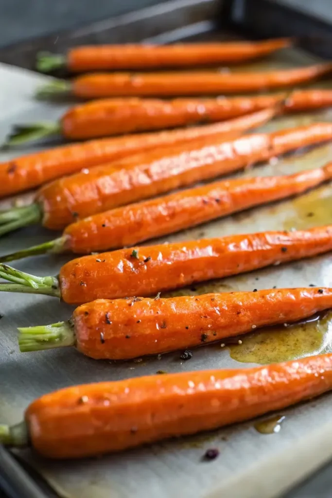 Low FODMAP Maple Dijon Carrots 6 Low FODMAP Maple Dijon Carrots glazed and roasted on baking sheet with caramelized edges