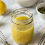 Low FODMAP Lemon Vinaigrette 10 Golden Low FODMAP Lemon Vinaigrette in glass jar with fresh lemons on marble counter