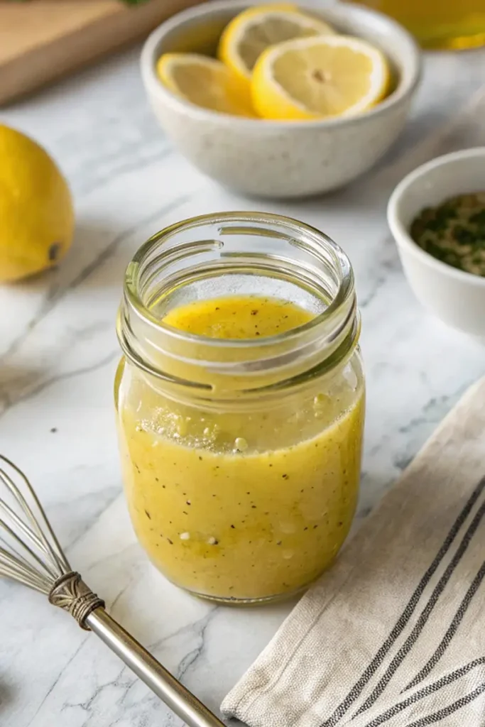 Golden Low FODMAP Lemon Vinaigrette in glass jar with fresh lemons on marble counter