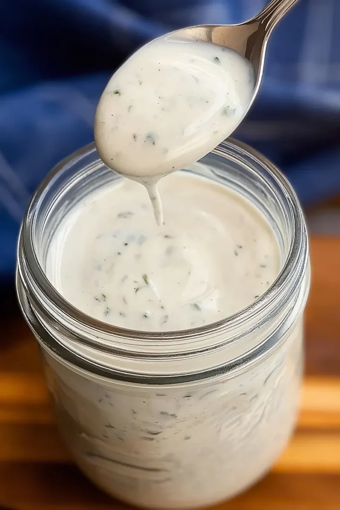 Low FODMAP ranch dressing in mason jar with spoon showing creamy texture and fresh herb pieces