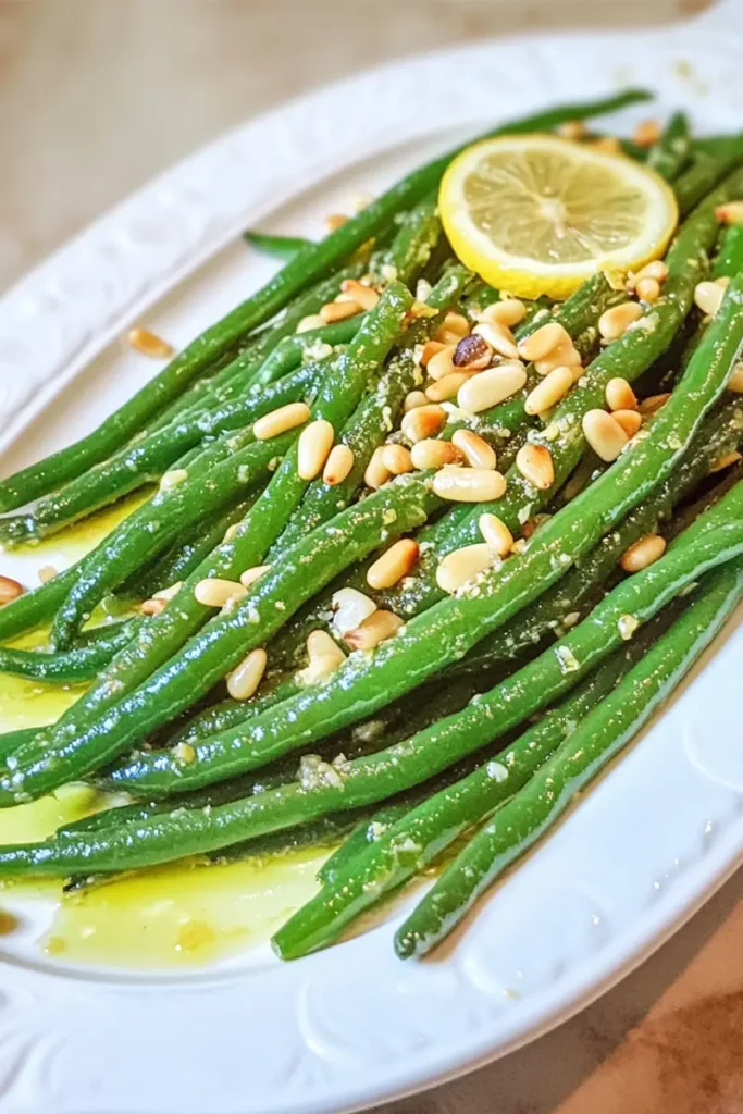 Low FODMAP Lemon Green Beans 9 Low FODMAP lemon green beans with toasted pine nuts on white serving platter, garnished with lemon slice