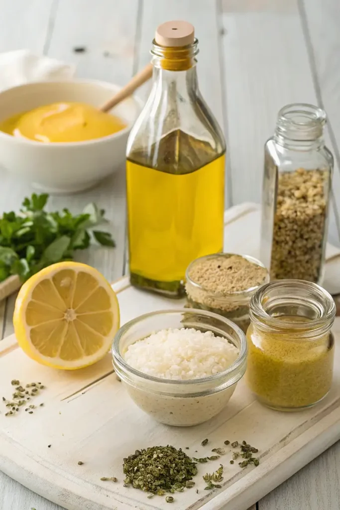 Low FODMAP Lemon Vinaigrette 8 Low FODMAP Lemon Vinaigrette ingredients arranged on white cutting board including oil and lemon