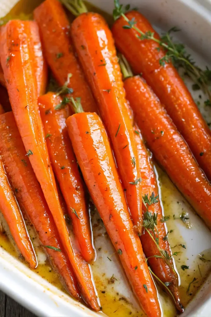 Low FODMAP Maple Dijon Carrots, beautifully glazed and garnished with fresh thyme
