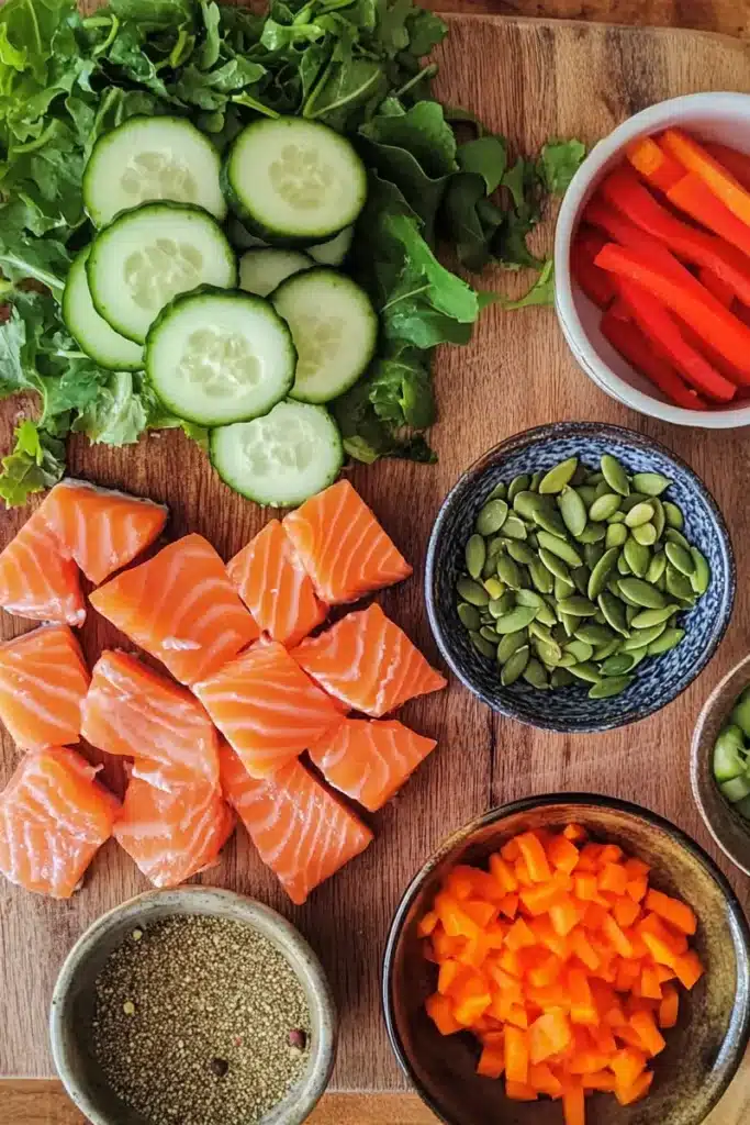 Low FODMAP Spicy Salmon Salad 6 Fresh ingredients for Low FODMAP Spicy Salmon Salad arranged on wooden board including salmon and vegetables