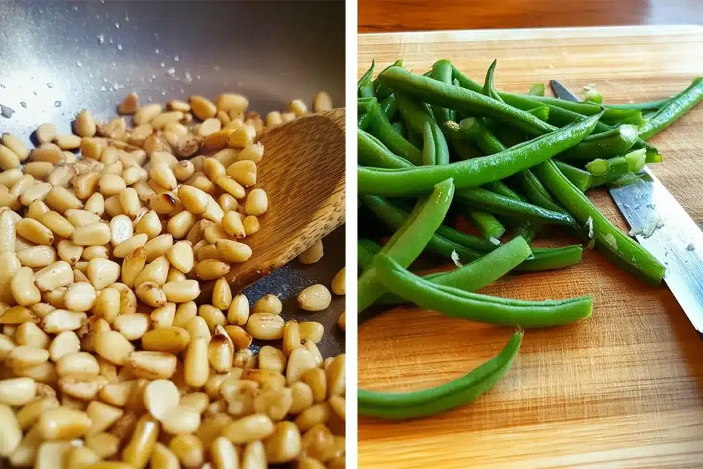 Low FODMAP Lemon Green Beans 8 Golden toasted pine nuts in skillet for low FODMAP lemon green beans recipe, perfectly browned and fragrant